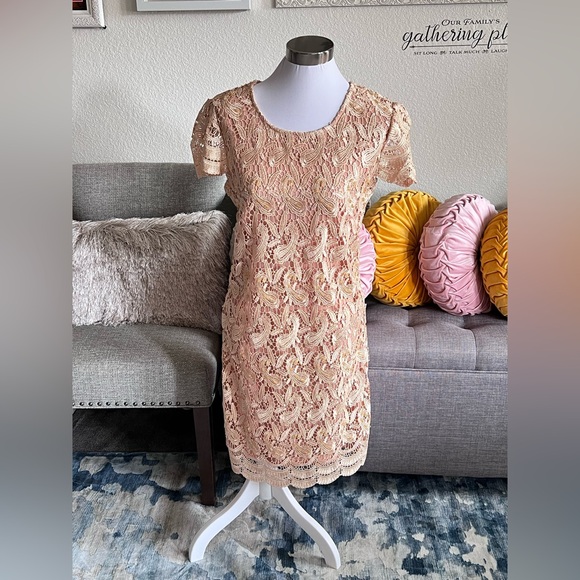 Blush Nude Crochet Lace Sheath Dress by Michael K - Picture 5 of 9